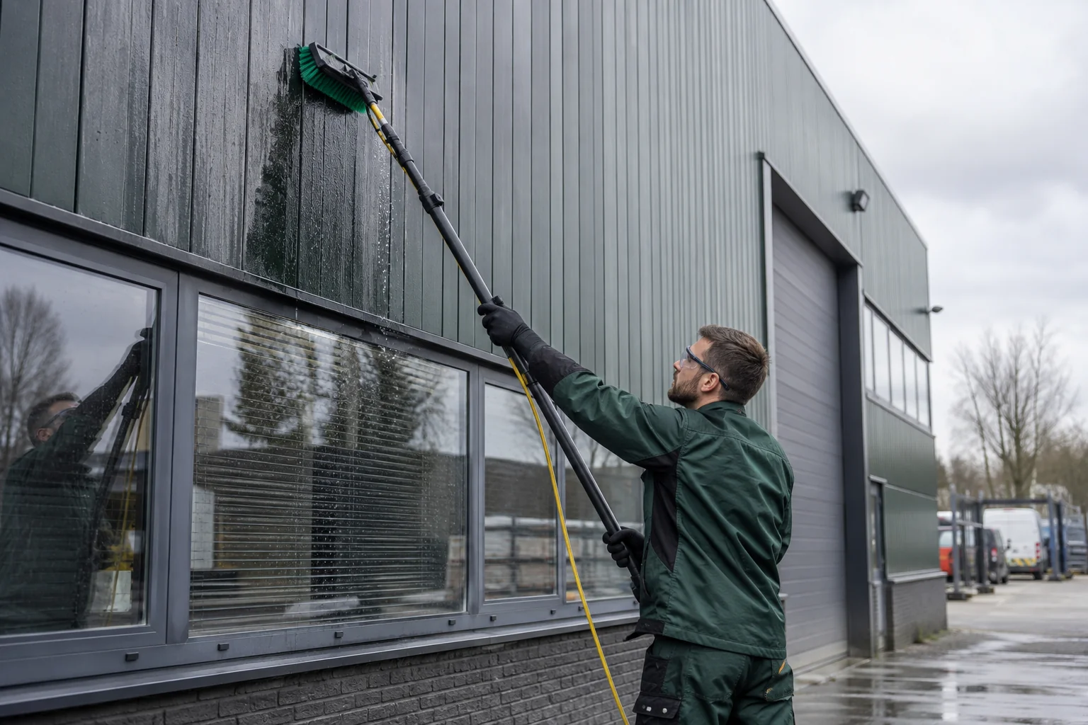 Medewerker borstelt vervuiling van de gevelpanelen van een bedrijfspand