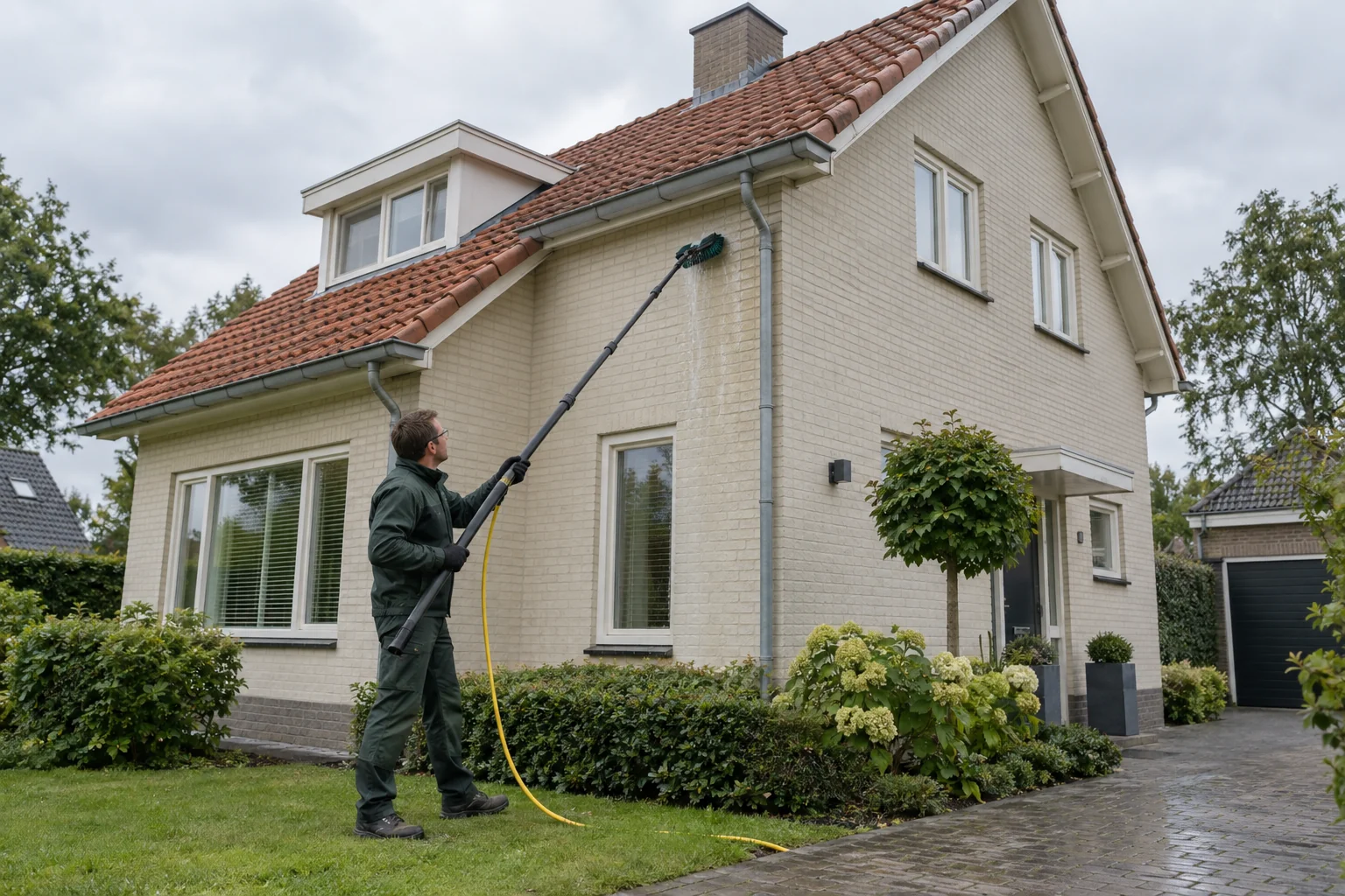 Gevelreiniging bij een woning met een duidelijk zichtbaar pannendak