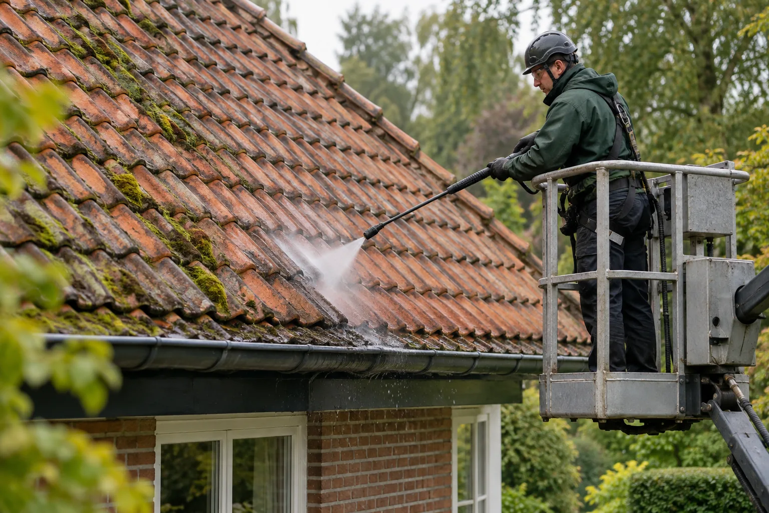 Dakreiniging vanuit een hoogwerker