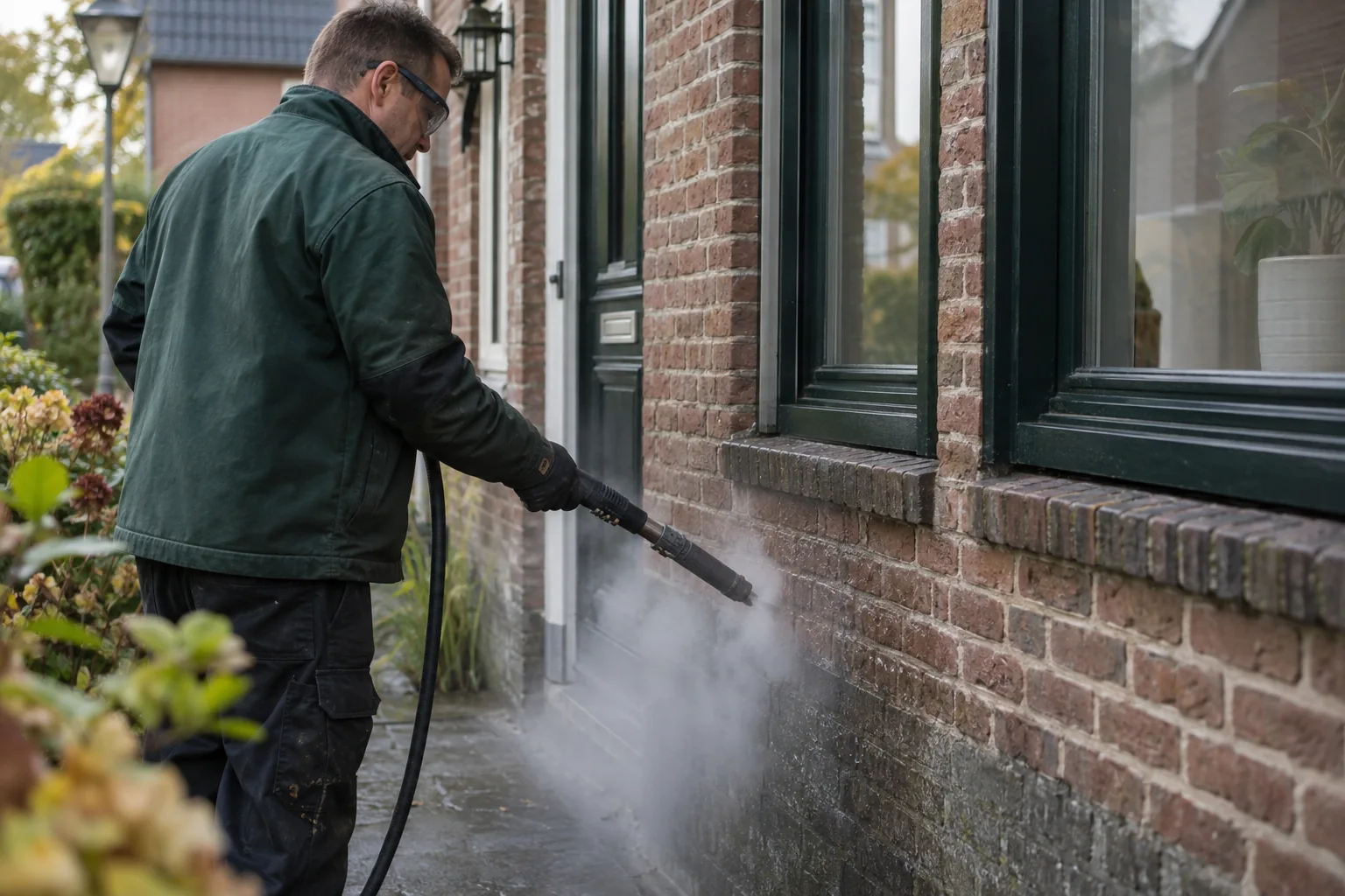 Reiniging van een bakstenen gevel met een spuitlans