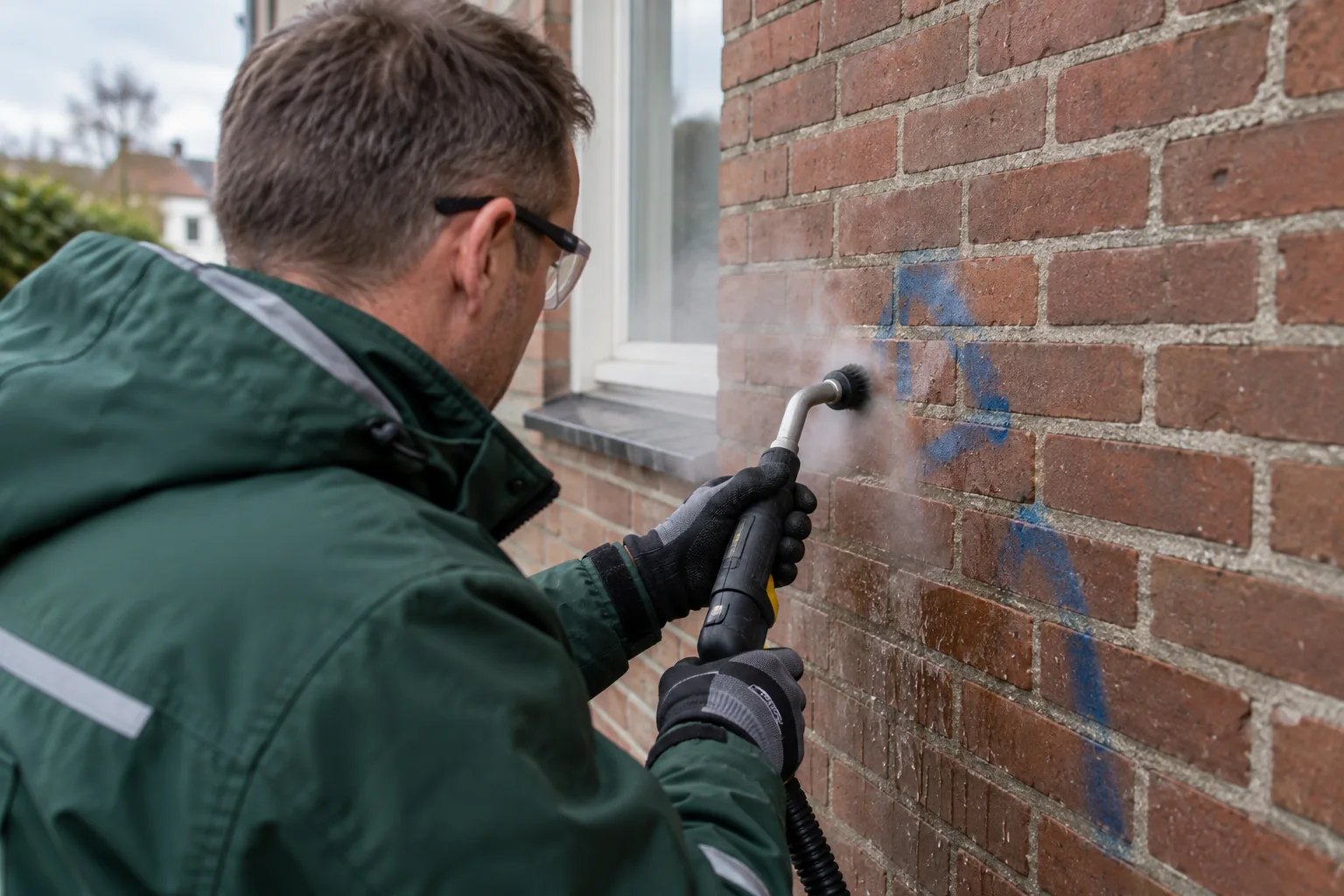 Verwijdering van blauwe verf op een bakstenen muur