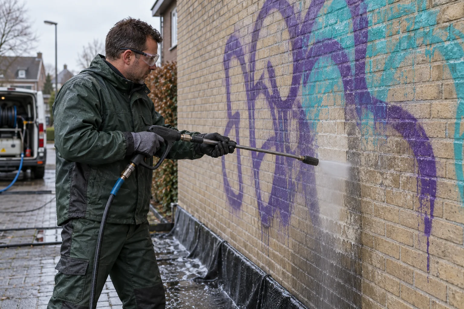 Verwijderen van paarse en turquoise graffiti van een bakstenen muur
