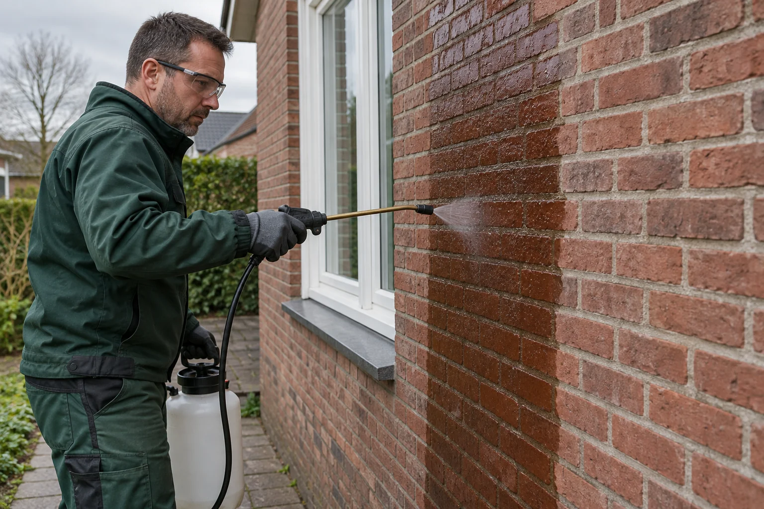 Vakman brengt een transparant impregneermiddel aan op een droge bakstenen gevel