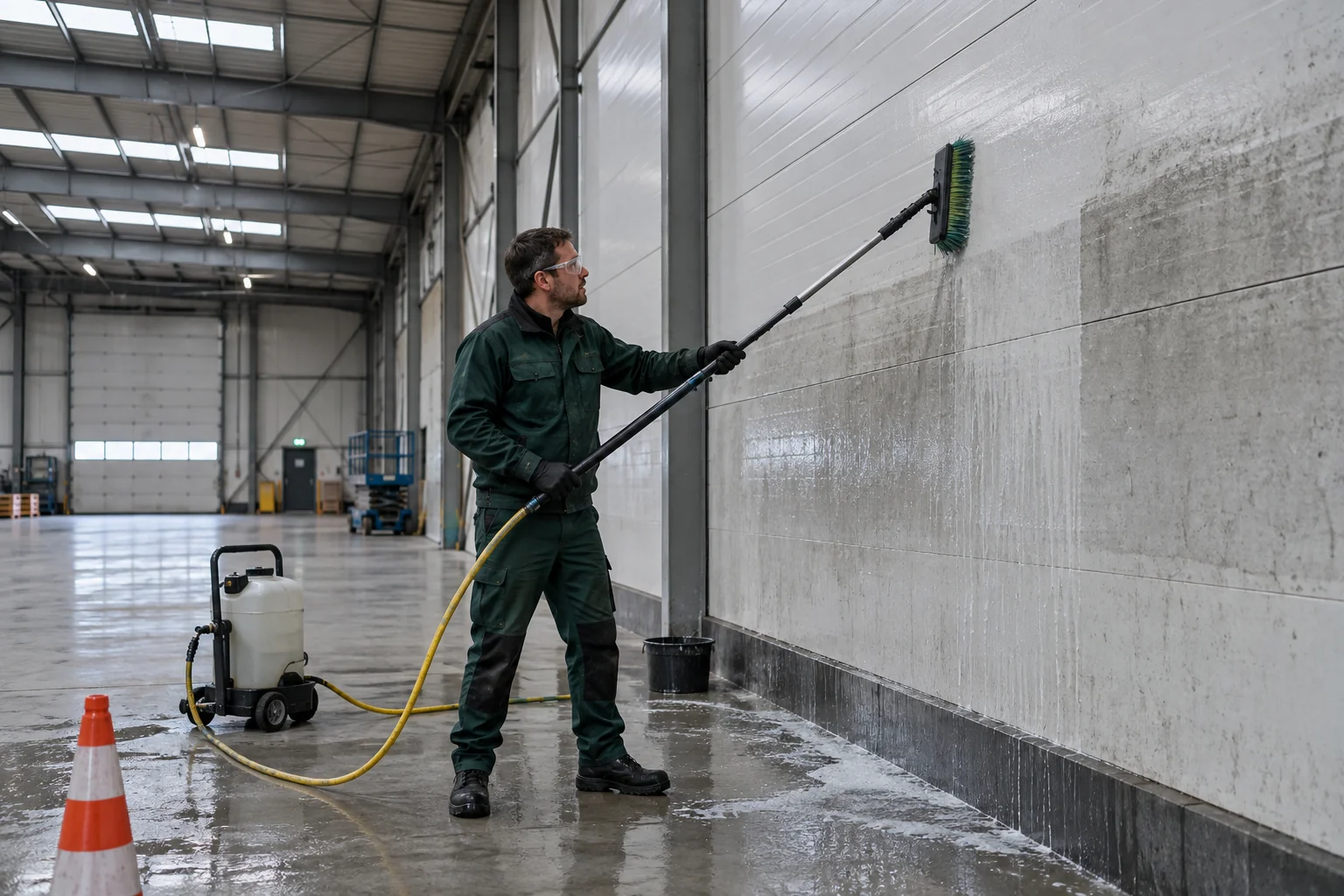 Medewerker reinigt grote wandpanelen in een bedrijfshal