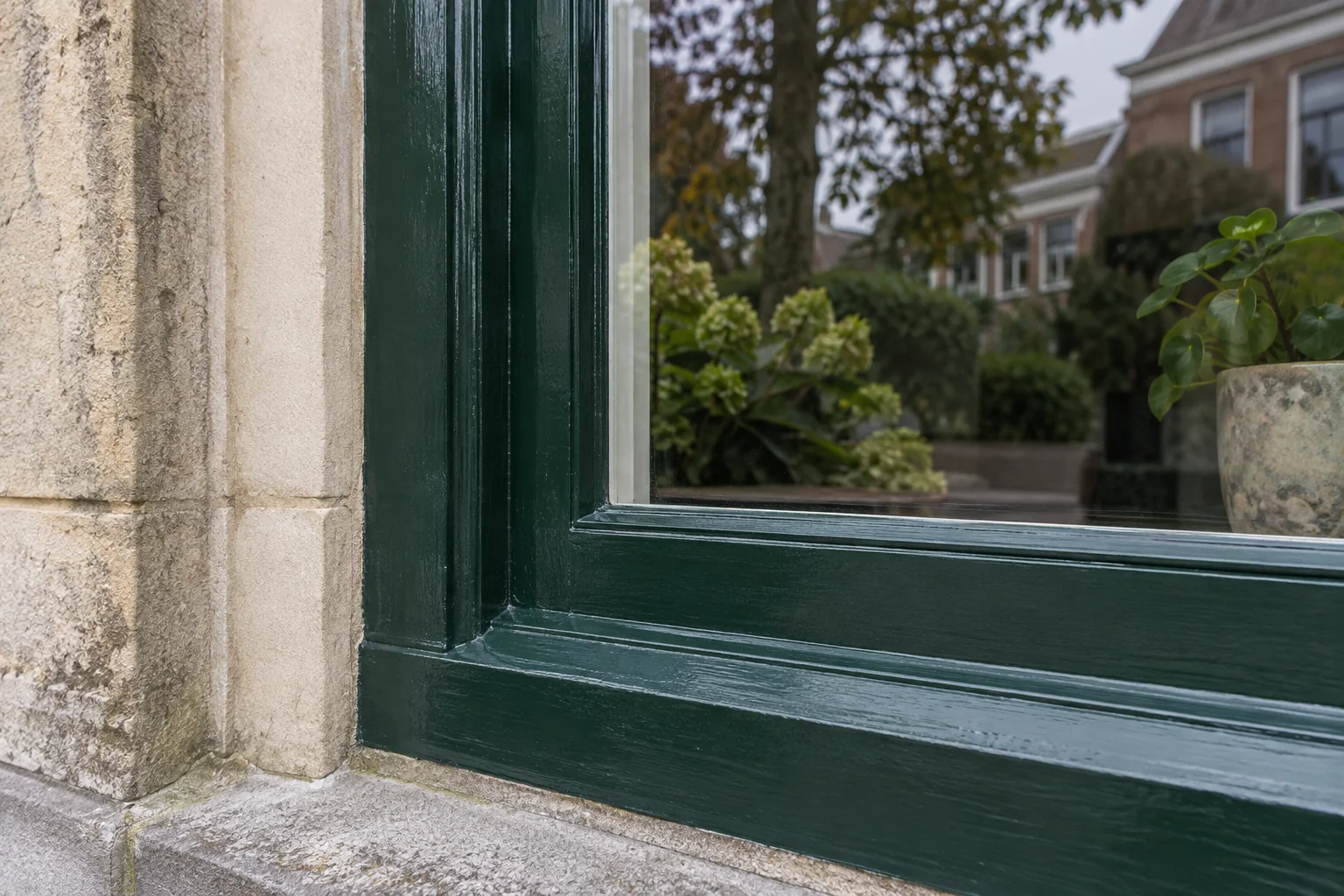 Schoon donkergroen houten raamkozijn met verzorgde hoeken