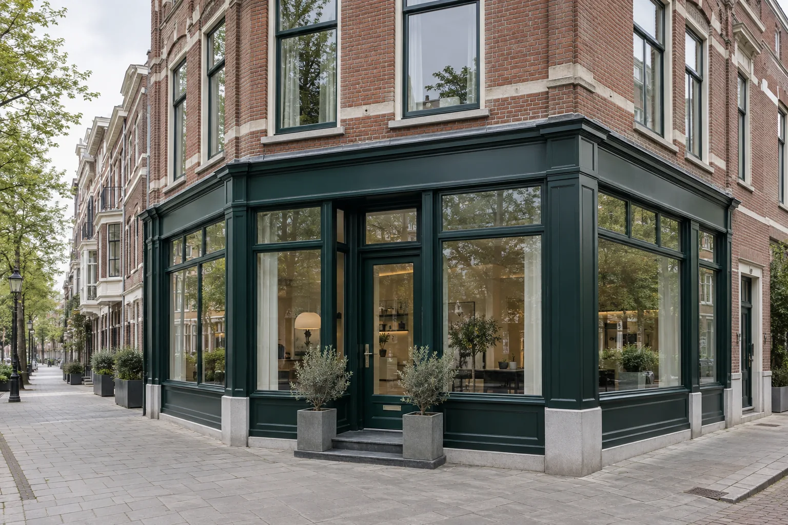 Een verzorgde winkelgevel met groene kozijnen