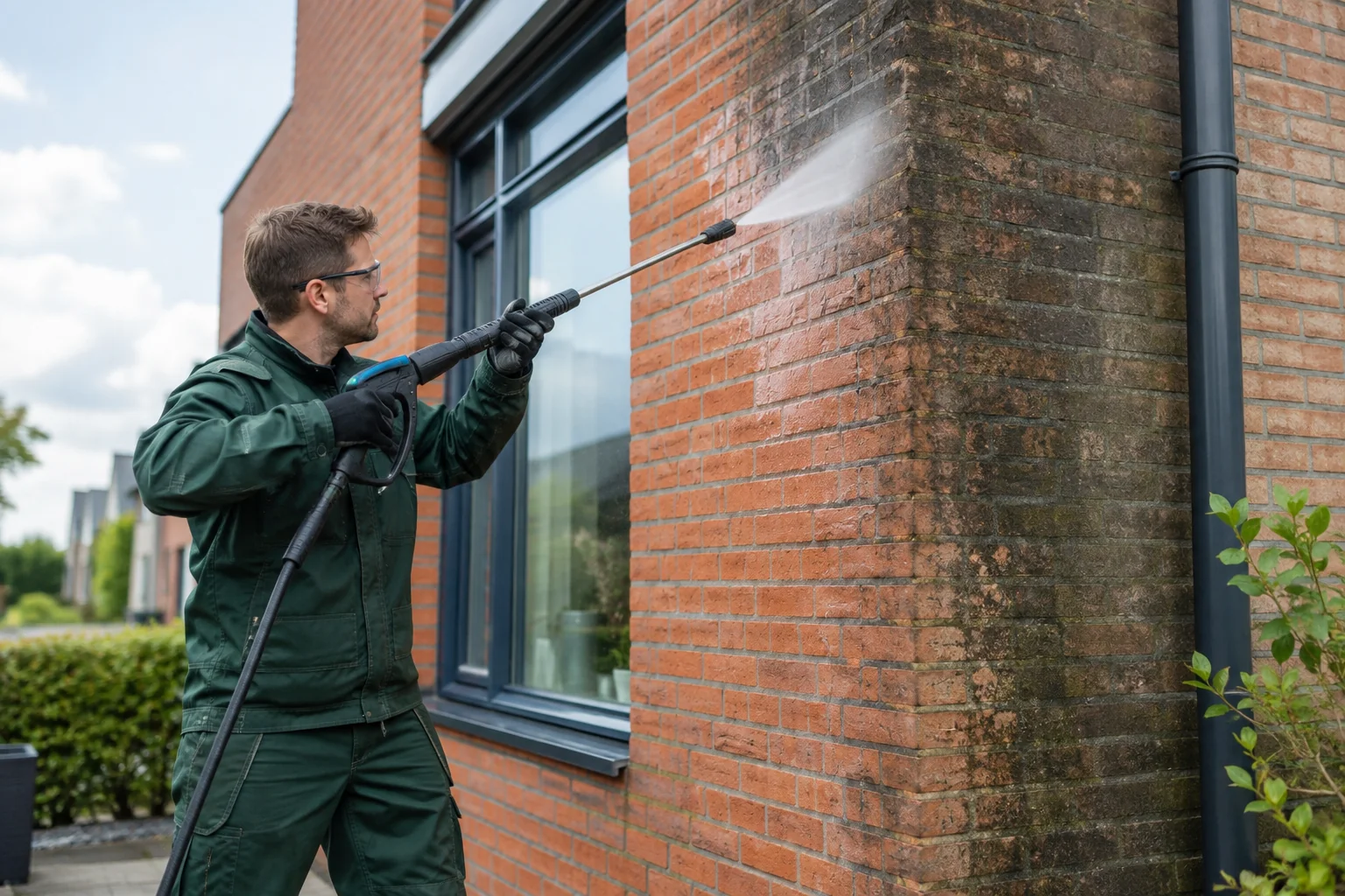 Reiniging van vervuiling op een gevel