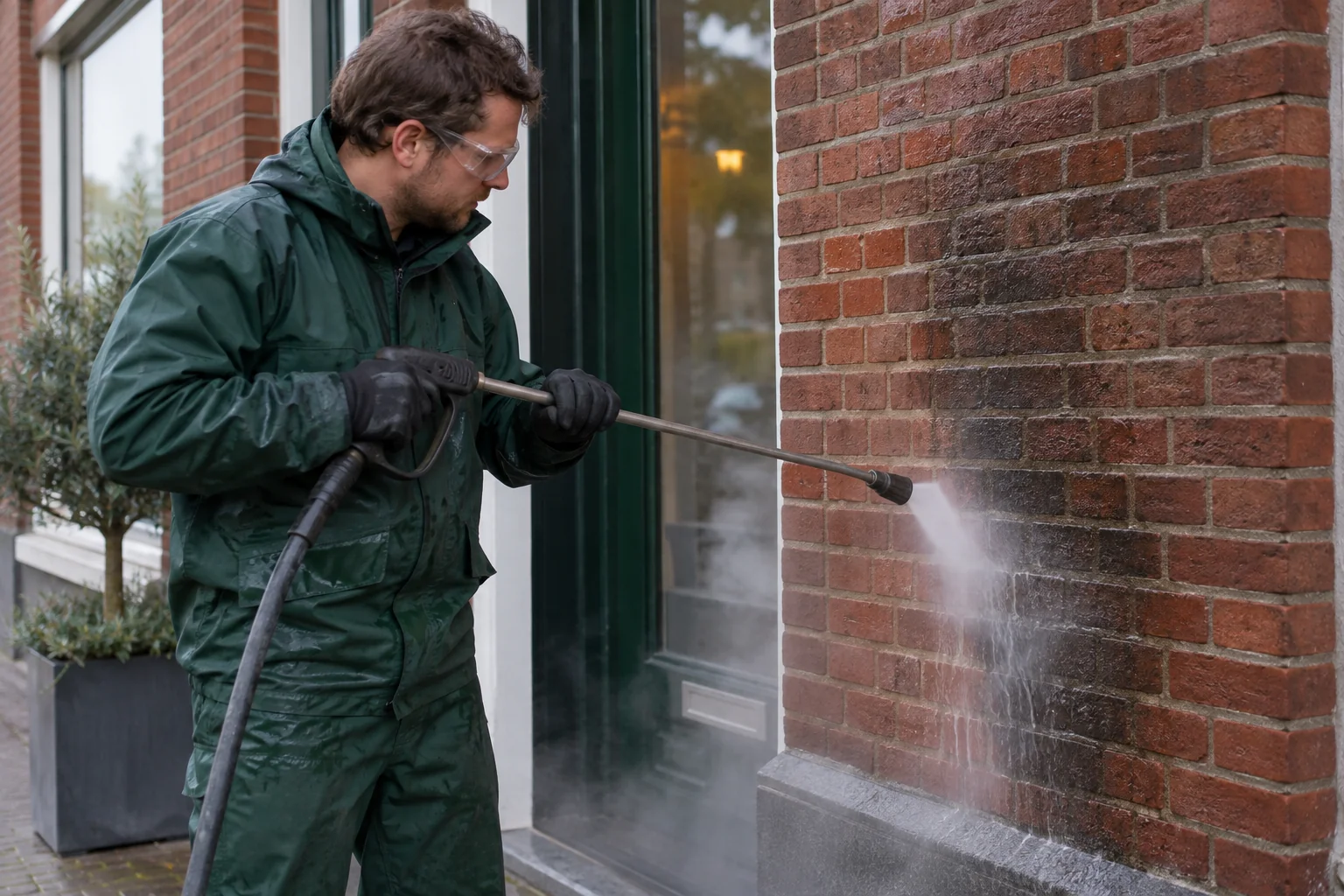 Reiniging van vervuiling op een gevel