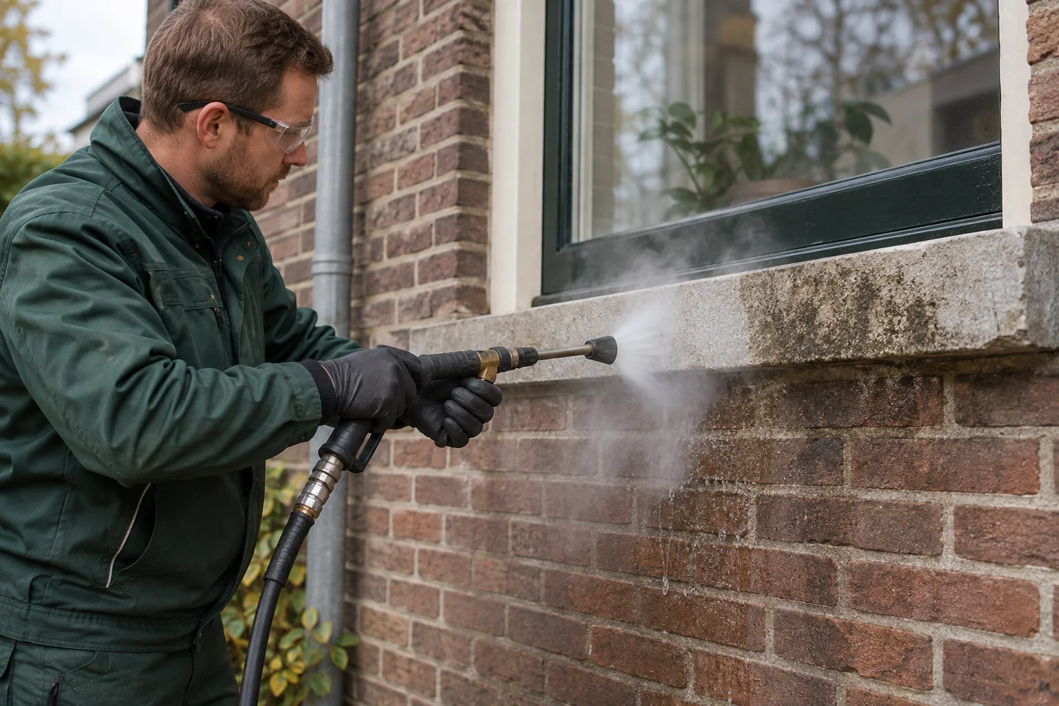 Reiniging van vervuiling op een gevel