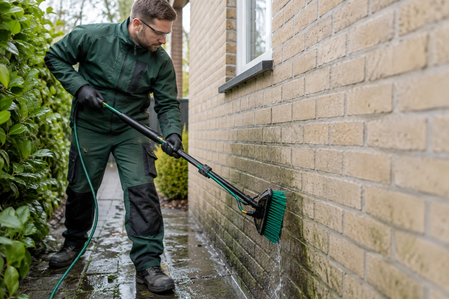 Reiniging van vervuiling op een gevel