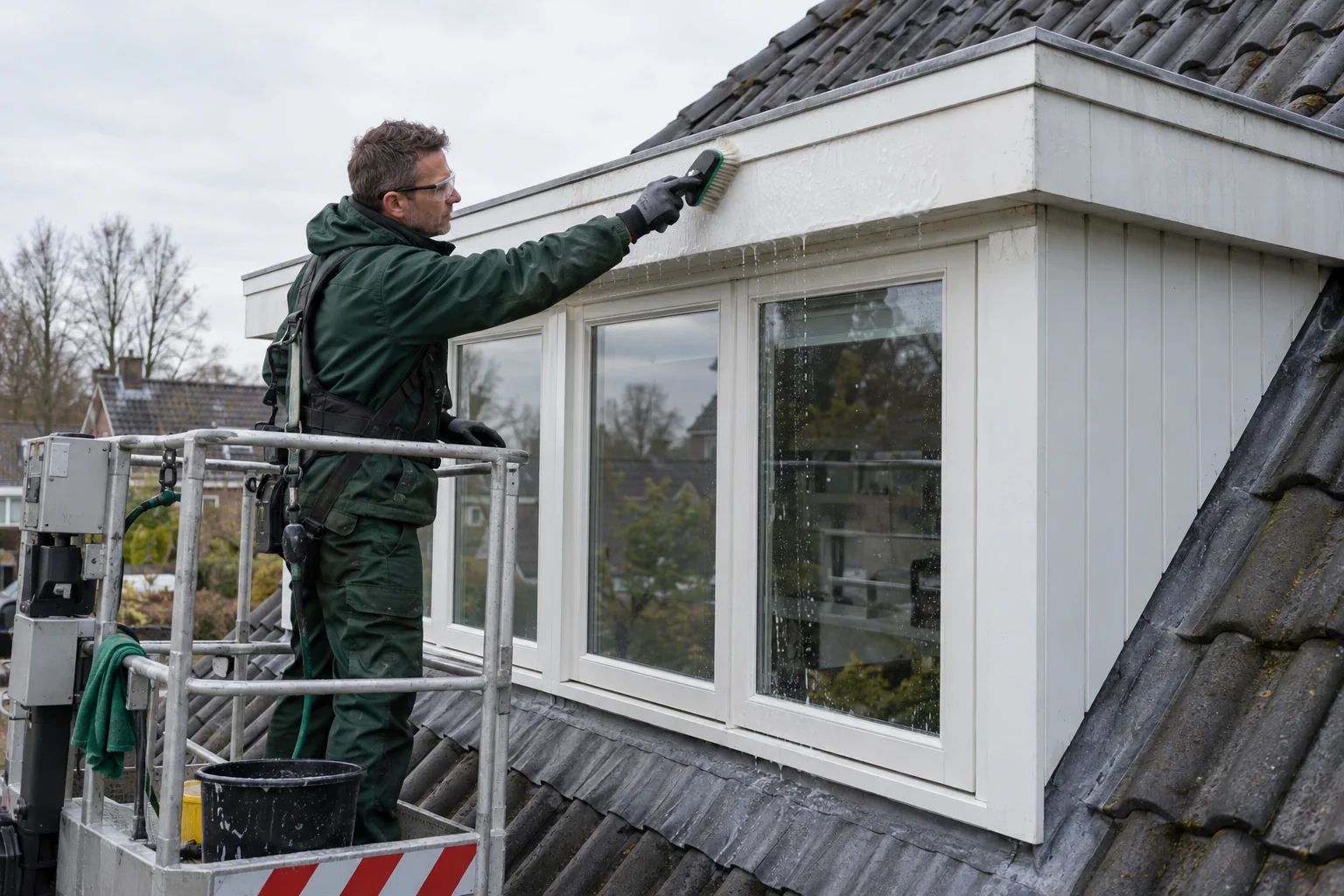 Vakman reinigt het boeiboord van een dakkapel