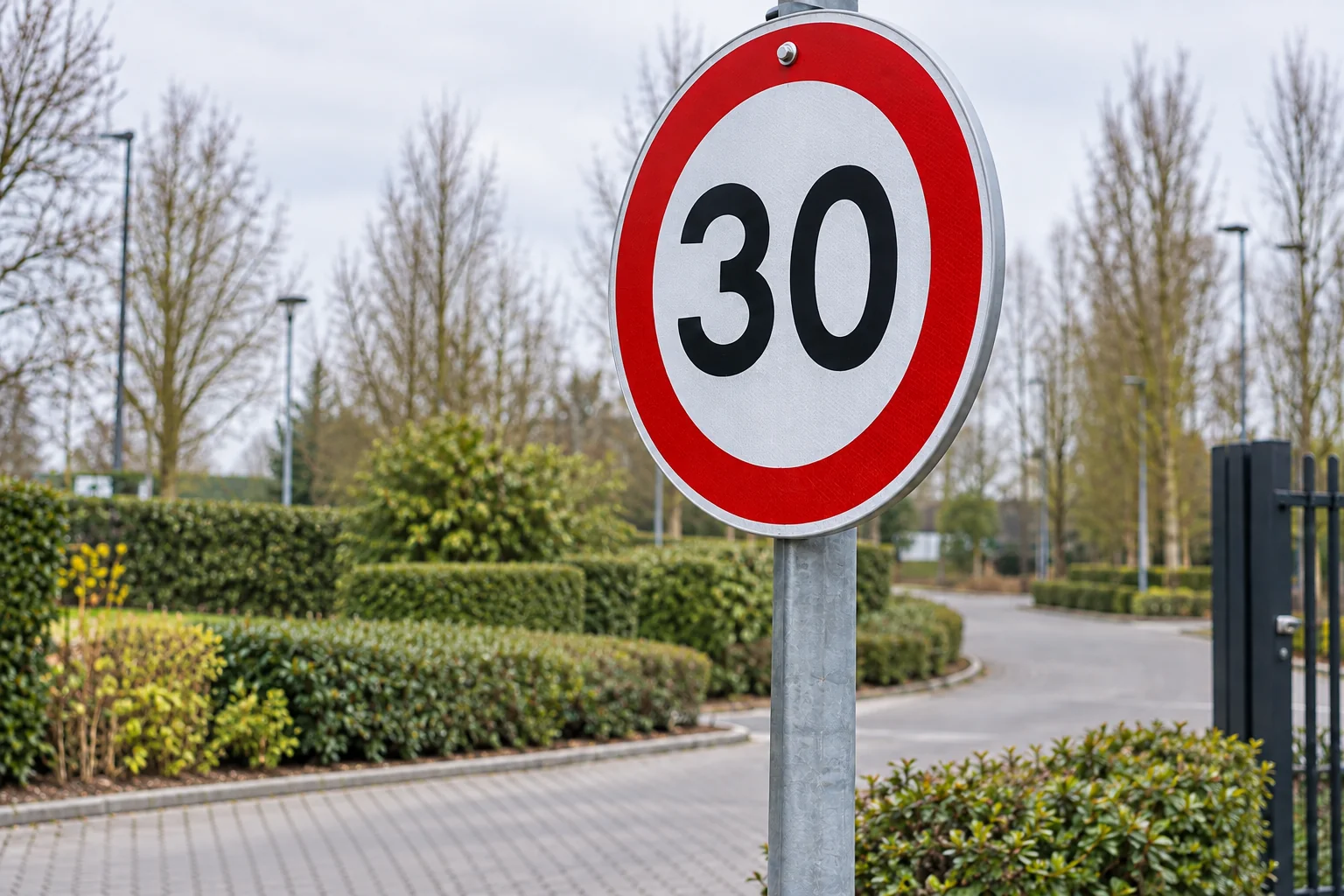 Schoon rood-wit verkeersbord bij een rustig bedrijfsterrein