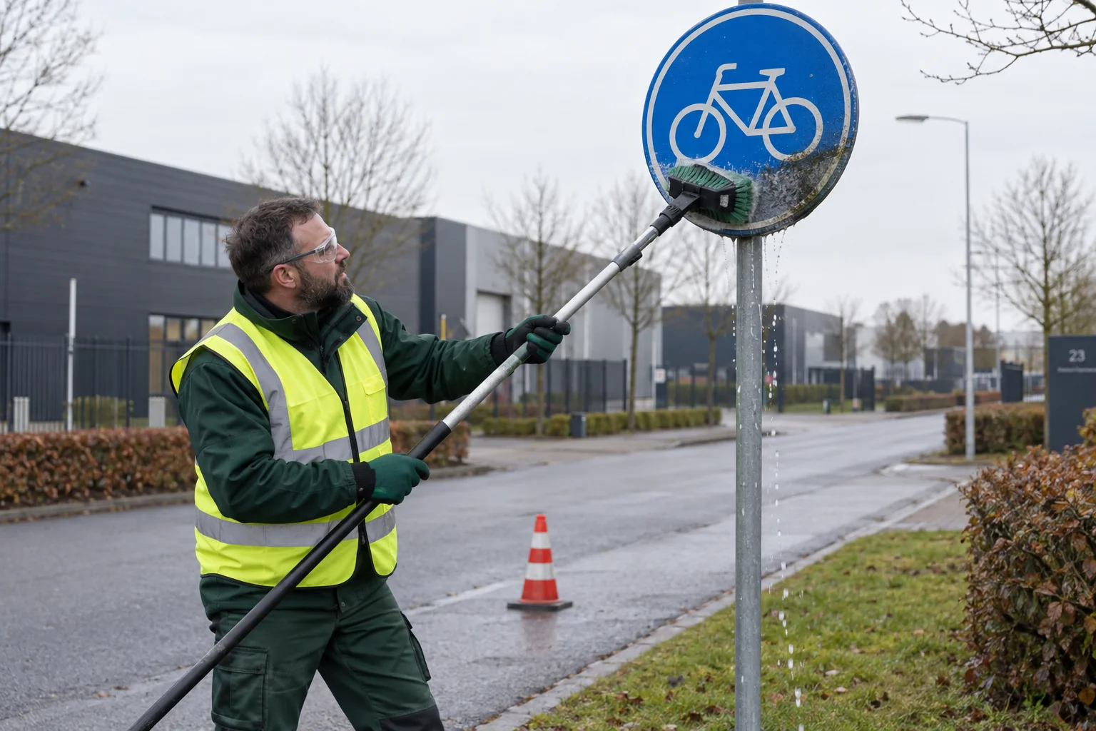 Medewerker reinigt een blauw verkeersbord met een zachte borstel